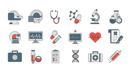 A clear flat design illustration presenting a collection of icons symbolizing medical technology and advancements in healthcare.