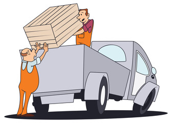 Men load boxes into car.