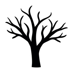 Silhouette of a bare deciduous tree with intricate branching patterns against a white background