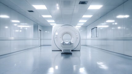 Modern sterile hospital corridor with advanced diagnostic imaging scanner and patient bed