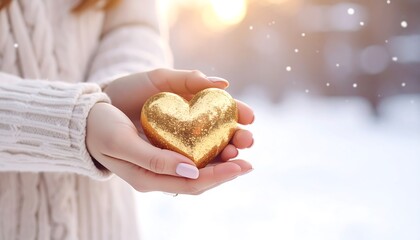Golden heart held in hands in winter