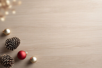 A minimalist Christmas background for product photography, viewed from a 30-degree top-down angle. 