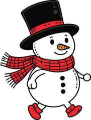A colorful illustration of a walking adorable snowman wearing a black hat and scarf isolated on a white background
