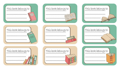 This book belongs to. Notebook labels with books icons, colorful design, school book labels template. Set bright name stickers for notebook. Back to school labels