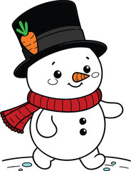 A colorful illustration of a walking adorable snowman wearing a black hat and scarf isolated on a white background
