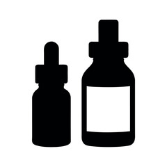 Two black silhouette bottles one small with a dropper and one larger with a blank label