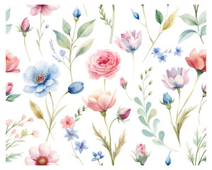 Watercolor Seamless Floral Pattern with Wild Garden Flowers isolated on white background