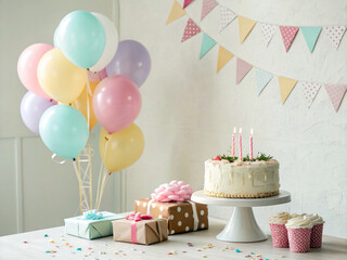 Pastel Birthday Party Setup with Cake, Cupcakes, Gifts, Balloons, and Bunting Ai-Generated
