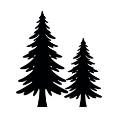 Two black silhouette evergreen pine trees of different sizes standing tall against a white background