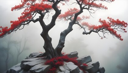 Japanese maple tree with vibrant red leaves perched on a rocky outcrop in a misty landscape.