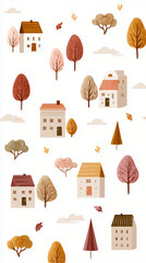 a cute autumn illustration with houses and trees, minimalistic with simple shapes, cozy and warm colors in a pastel color palette, in a clipart style