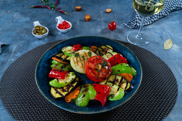 Grilled Fresh Vegetables on Blue Serving Plate