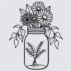 line art coloring book silhouette vector art illustration, vase with flowers