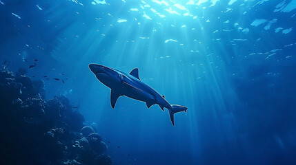 Fototapeta premium Majestic shark swimming gracefully in the deep blue ocean water beneath sun rays