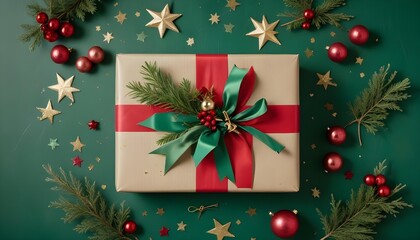 Christmas gift with festive decorations on a green background