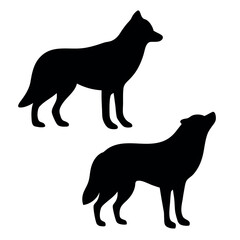 Two black silhouettes of standing wolves against a white background