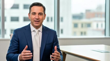 Confident male business executive engaging directly with the viewer in a modern corporate office, conveying leadership and professional expertise during a presentation or meeting
