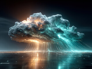 Futuristic glowing storm cloud with rain and lightning over reflective surface, symbolizing technology, energy, data cloud, and digital power. 
