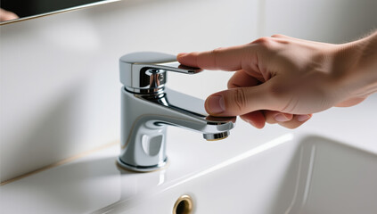 Naklejka premium Water faucet usage at home bathroom close-up view modern design