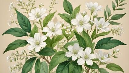 Elegant White Flowers and Green Leaves