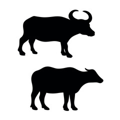 Two black silhouettes of water buffaloes standing side by side on a white background