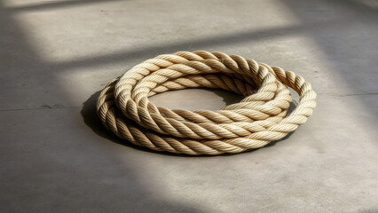 Obraz premium Rope coiled neatly on a concrete surface in bright light Generative AI
