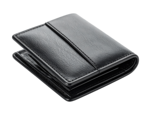 shot displays a sleek, black leather wallet, open slightly to reveal interior slots, with a classic design and professional presentation against a stark black backdrop.