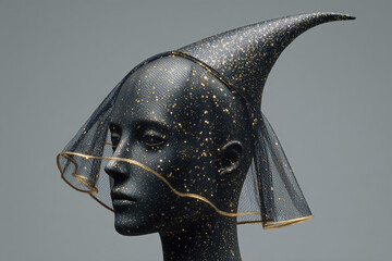 Black Glittered Witch Hat with Gold Trim and Veil conical