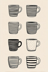 serie of cute chunky coffee mug, simple black lines on a white background, a simple illustration in a doodle style, a minimalist design