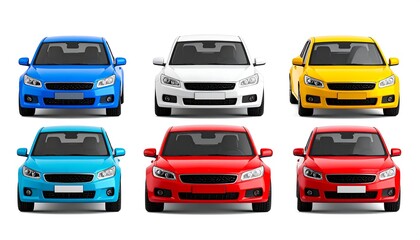 Front view of six colorful cars