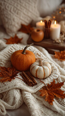 wo orange and white pumpkins on a cozy ivory knitted blanket