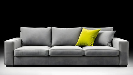 Fototapeta premium Modern gray sofa with a bright yellow cushion in studio setting Generative AI