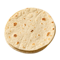 Round tortilla photographed overhead, its slightly uneven surface textured and rustic, flatbread isolated on white background. PNG