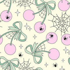 Preppy Coquette Pastel Halloween Cherry with Bow and Spider Cobweb Seamless Pattern. Cute Girly Spooky Halloween Background for Print and Fabric