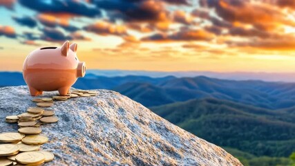 Piggy bank on mountain symbolizing retirement investment journey