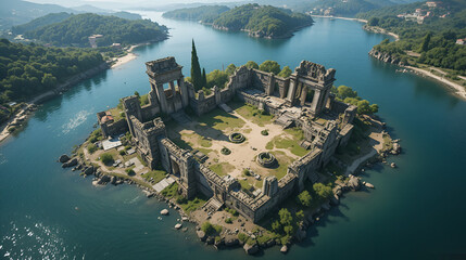 Ancient ruins emerged from water historic site serene environment birds-eye isolated on transparent background