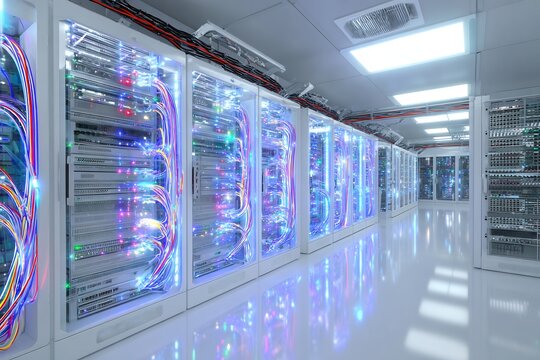 Modern Data Center Interior Showcasing Rows of Server Racks in a Futuristic Environment - Powered by Adobe