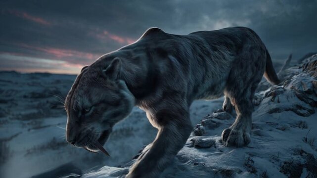Saber-toothed Tiger Smilodon Stalking Snowy Mountain Ridge at Twilight