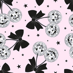 Preppy Coquette Halloween Disco Ball Cherry with Bow Seamless Pattern. Groovy Girly Spooky Cherry Background for Print and Fabric