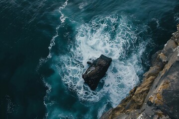 Aerial view of ocean waves crashing against a rock and cliffs showing natural beauty