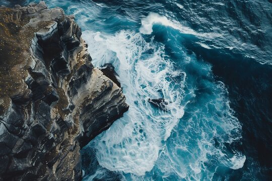 Aerial view of ocean waves crashing against a rocky cliffside creating a beautiful scene