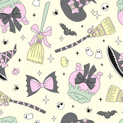 Preppy Coquette Halloween Witch Elements Seamless Pattern. Cute Pastel Witch Hat, Broom and Cauldron Background for Print and Fabric