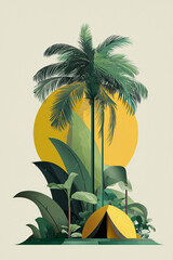 Minimalist illustration featuring outdoor camping,Malayan Hornbill and palm tree elements, rendered in green and yellow tones