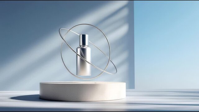 Floating silver cosmetic bottle with orbital rings on a minimalist pedestal in airy blue studio light. AI generative