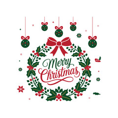  Festive Merry Christmas Wreath with Decorative Ornaments and Red Bow