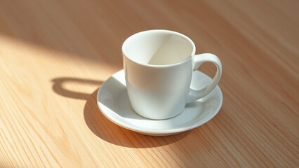 Empty coffee cup on a wooden table in bright sunlight Generative AI