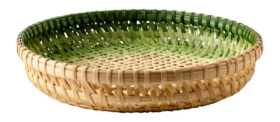 Round Woven Basket with Green and Natural Color, Isolated on Transparent Background