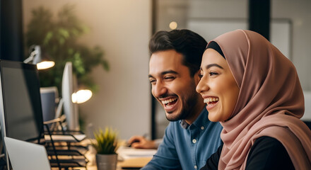 Cheerful Muslim couple working from home office with laptop