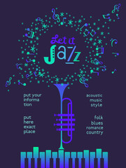 Winter Season Holidays Live Music event vector poster template. Piano, trumpet silhouette, snowflake cartoon illustration. Christmas Jazz Night Tunes Festive Music performance, celebration background