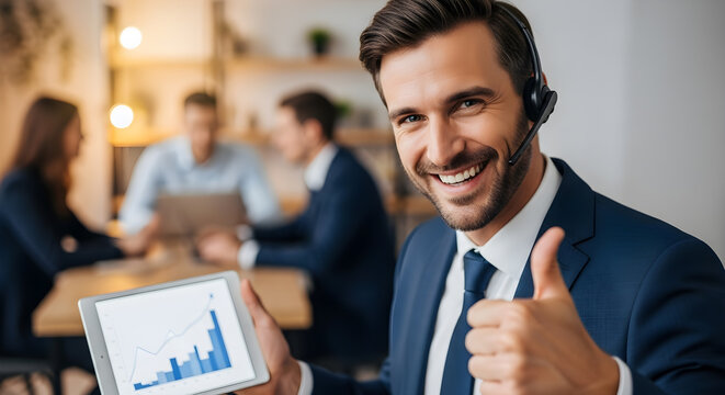 Smiling Businessman Showing Tablet with Graph and Thumbs Up